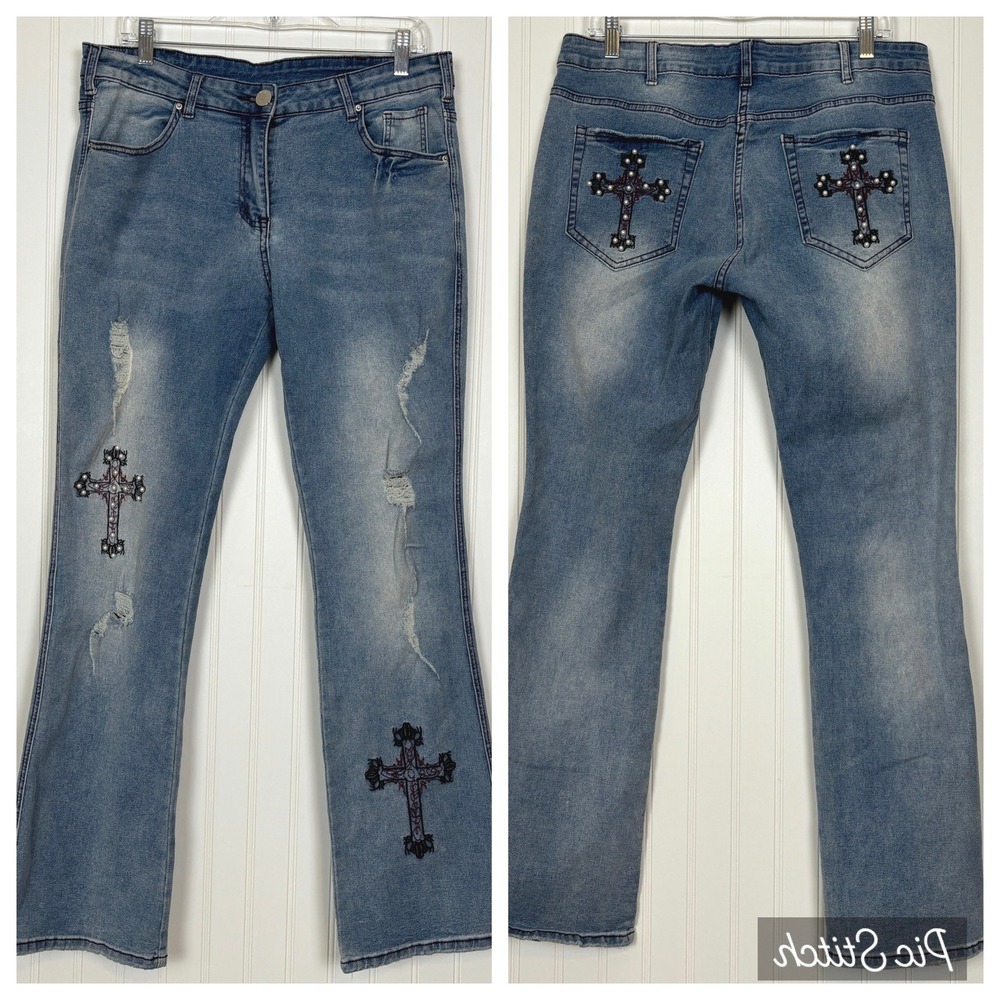 Cross Embroidered Flare Jeans Womens XL Blue Distressed Gothic Y2K Grunge Punk